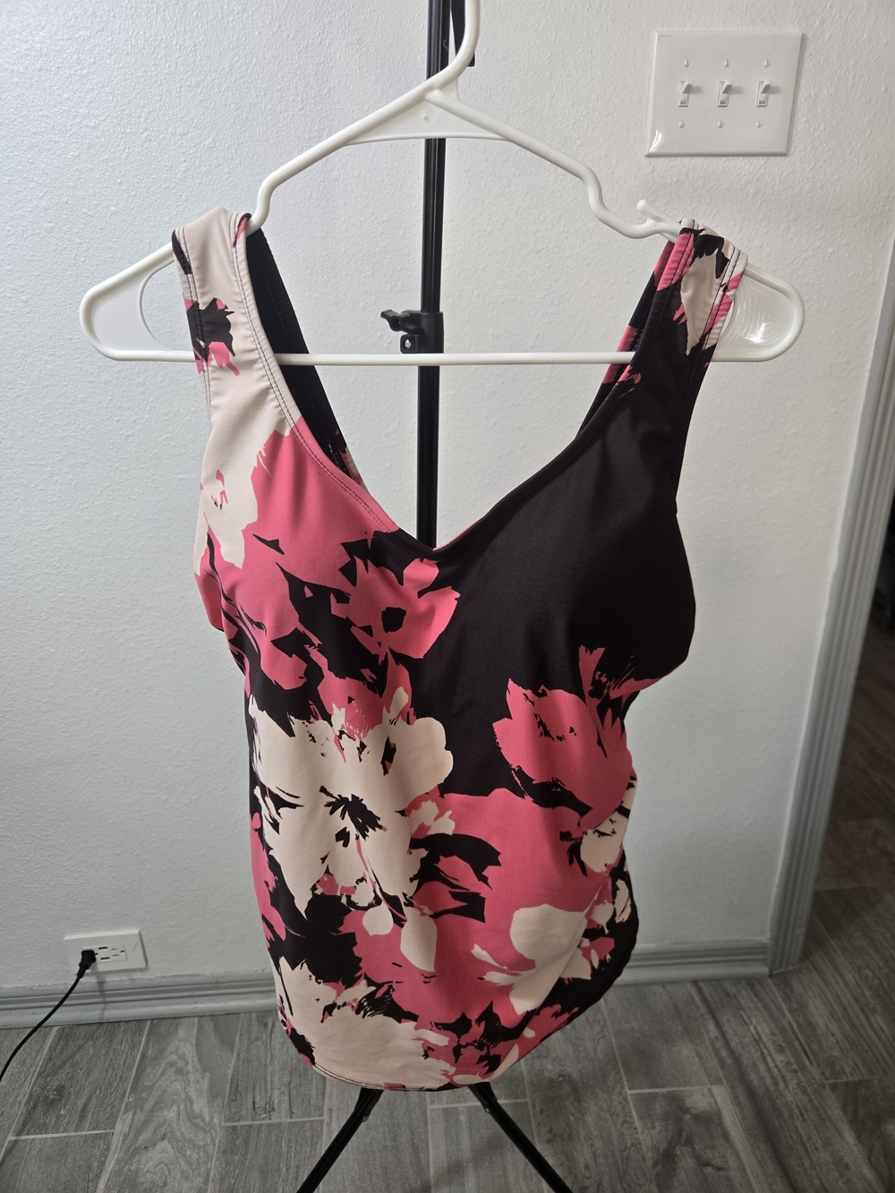 Floral V-Neck One-Piece Swimsuit in Pink and Black